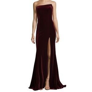 XSCAPE Black Velvet Strapless Evening Gown Formal Dress Size 4 Slit Maxi Wedding